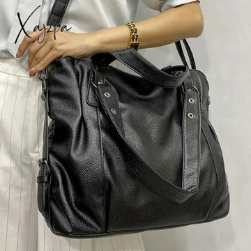 Women’s Black Large Shoulder Bag Quality Pu Leather Lychee Pattern Ladies Soft Tote Handbag